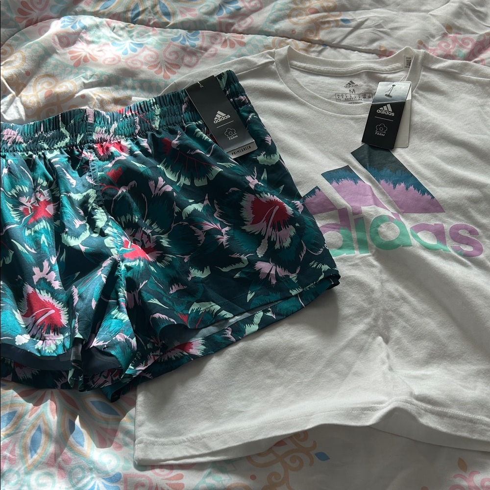 Adidas Teal Floral Shorts and Logo Tee